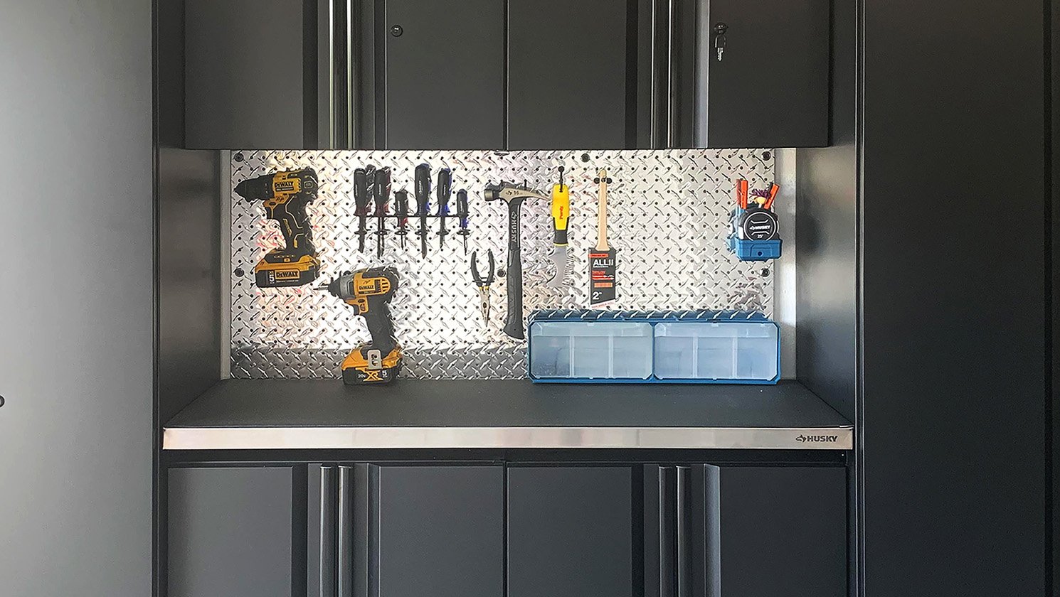 Pegboard inset in a work bench